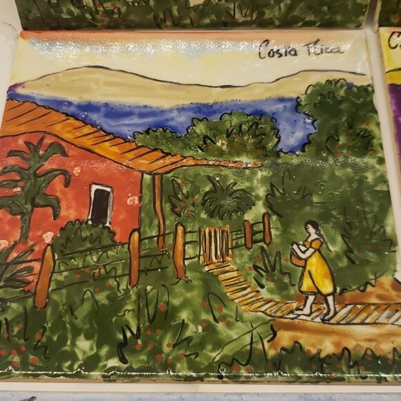 SET of 6 Ceramic Tiles Hand Painted Village Homes Houses  Costa Rica 6" x 6 - Picture 7 of 9